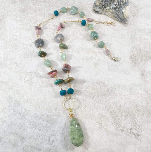 Green long gemstone bead necklace