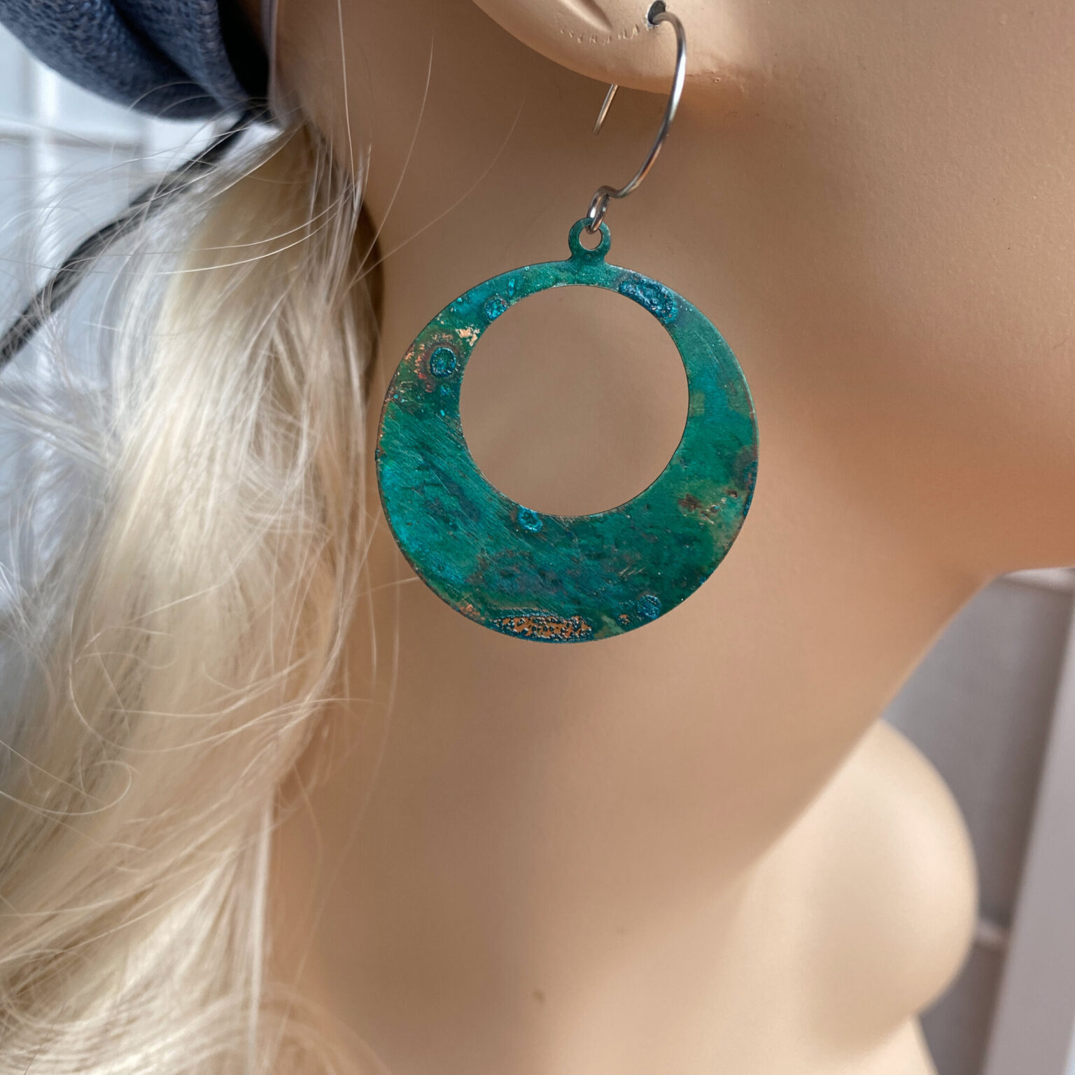 Extra Large Green Rustic Copper Patina Hoop Earrings Basket of Blue