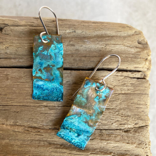 rustic blue copper patina rectangle earrings