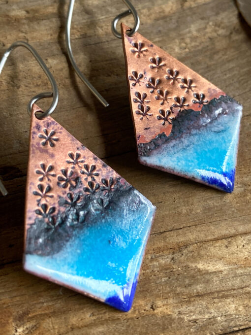copper starfish earrings with blue enamel