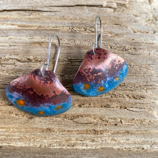 blue enameled copper shell earrings