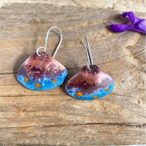 blue enameled copper shell earrings