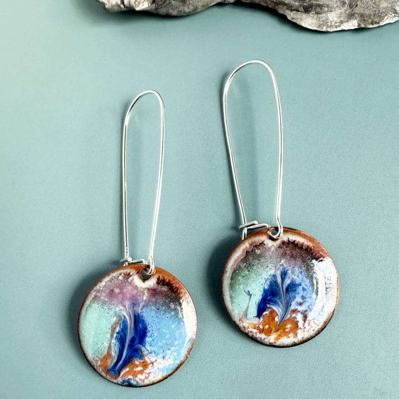 enameled copper mixed color round artisan earrings